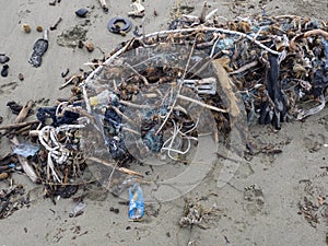 Fishing net full of plastic waste. Symbol fo ocean pollution