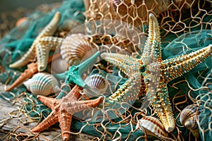 Fishing net, sea shells and starfish on a colourful turquoise blue background. Generative AI