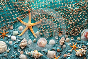 Fishing net, sea shells and starfish on a colourful turquoise blue background. Generative AI