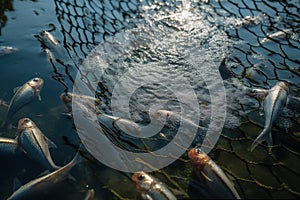 fishing net into the water catching a group of fish, fish group shoaling and schooling being fished, generative AI photo