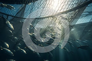 fishing net into the water catching a group of fish, underwater view, fish group shoaling and schooling being fished, generative photo