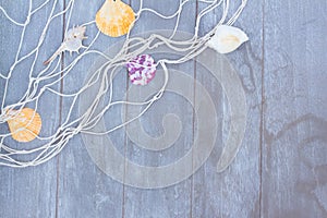 Fishing net on wooden background