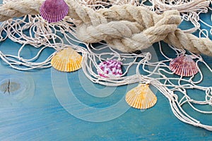 Fishing net on wooden background