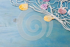 Fishing net on wooden background