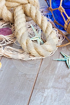 Fishing net on wooden background
