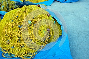 Fishing nets drying under the sun. Fisherman equipment
