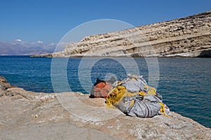 Fishing nets and a landscape, Crete, Greece