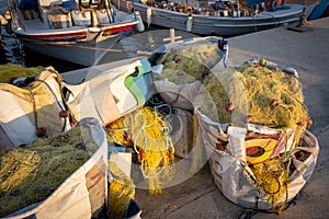 Fishing nets ropes and floats. Fishnet on a basket