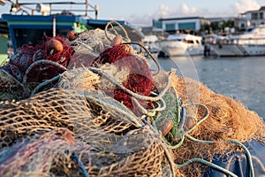 Fishing nets ropes and floats. Fishnet on a basket