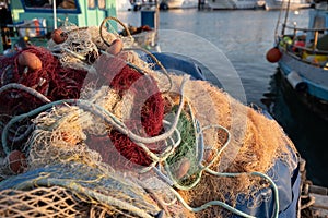 Fishing nets ropes and floats. Fishnet on a basket