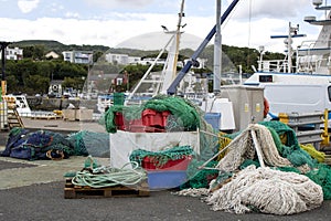 Fishing nets and ropes in the harbor.