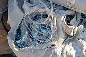 Fishing nets in a sack. A network for fishing on the fishing quay