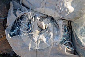 Fishing nets in a sack. A network for fishing on the fishing quay
