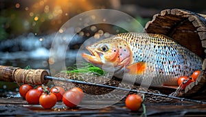 Fishing nets and spinning rod over the wooden background Stilllife and objects photo