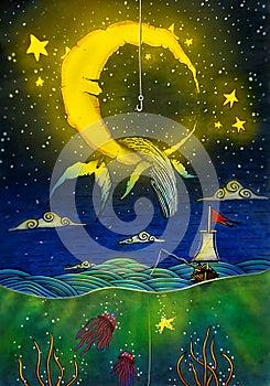 Fishing at Night illustration,Watercolor Nature Drawing,Whale,Moon,Stars,Jelly Fish, Clouds Painting,