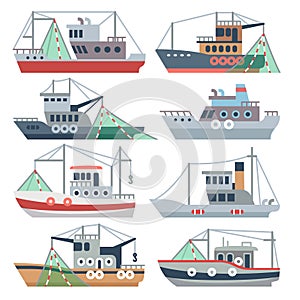 Fishing ocean boats. Commercial fisherman ships isolated vector set