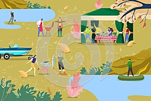 Fishing people in boat, outdoor activity vector illustration. Family picnic near water pond lake, recreation at nature