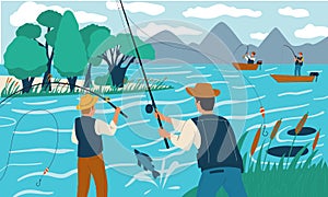 Fishing. People fish with rods from shore or on boat. Scene with happy fishermen on lake. Recreational activity and