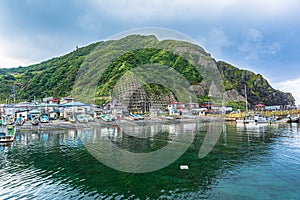 The fishing pier along the Tappi coast in front of the Tsugaru Strait, Aomori, Honshu, Japan