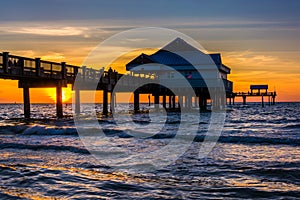 Fishing pier in the Gulf of Mexico at sunset, Clearwater Beach,