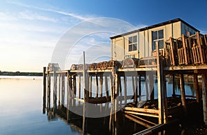 Fishing Pier with Lobster Traps in Maine