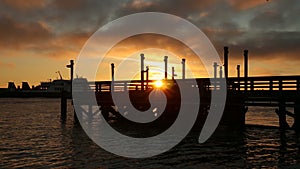 Fishing Pier Sunset and Barge, Fraser River