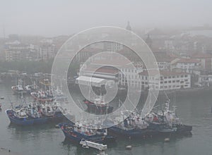 The fishing port of Bermeo under the fog