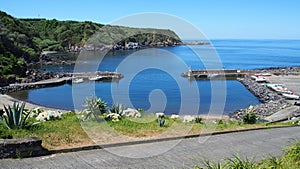Fishing port and coastal cliffs, blooming hortensia bushes in the forefront, Porto Formoso, Sao Miguel, Azores
