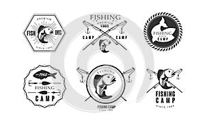 Fishing premium camp since 1965 logo design, wildlife, travel, adventure retro labels vector Illustration on a white