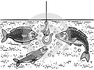 Fishing process sketch vector illustration