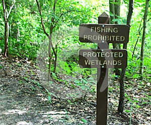 Fishing Prohibited sign in the protected wetlands of Maryland.