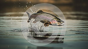 Fishing. Rainbow trout fish jumping with splashing in water