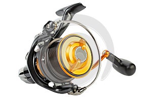 The fishing reel is designed for catching large fish both at sea and in rivers. Tackle isolated on white background. File contains
