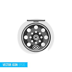 Fishing reel icon in silhouette flat style isolated on white background.