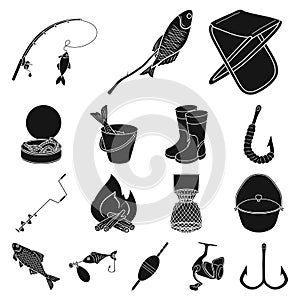 Fishing and rest black icons in set collection for design. Tackle for fishing vector symbol stock web illustration.