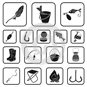 Fishing and rest black icons in set collection for design. Tackle for fishing vector symbol stock web illustration.