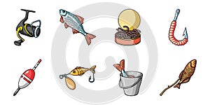 Fishing and rest icons in set collection for design. Tackle for fishing vector symbol stock web illustration.