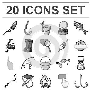 Fishing and rest monochrome icons in set collection for design. Tackle for fishing vector symbol stock web illustration.