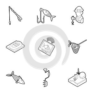 Fishing on river icons set, outline style