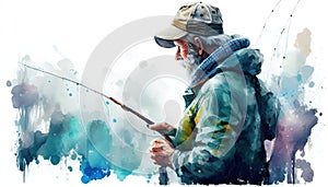 Fishing with a rod in aquarel by Generative AI