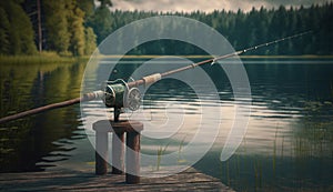 fishing rod on the background of the lake. Generative AI