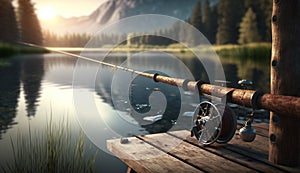 fishing rod on the background of the lake. Generative AI