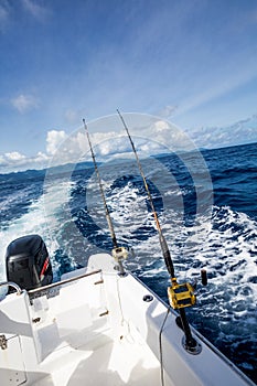 Fishing rod on boat at sea