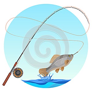 Fishing rod with caught fish on hook vector illustration