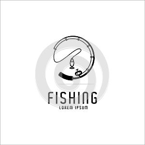 Fishing rod circle logo design,fishing logo,black and white logo,icon, emblems,vector template
