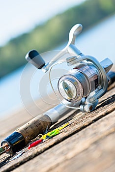 Fishing rod on close to lake