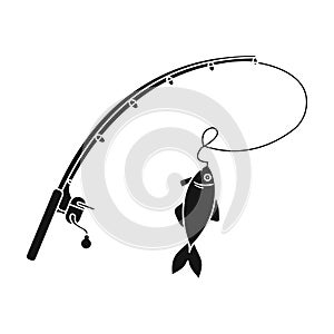 Fishing rod and fish icon in black style isolated on white background. Fishing symbol stock vector illustration.