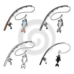 Fishing rod and fish icon in cartoon style isolated on white background. Fishing symbol stock vector illustration.