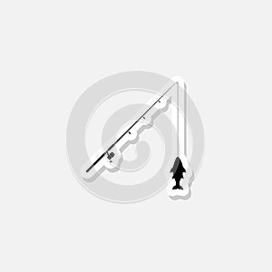 Fishing rod and fish sticker icon isolated on white background