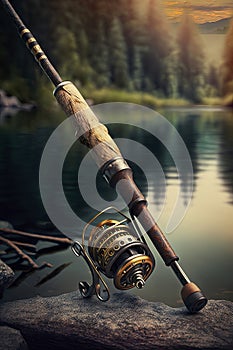 fishing rod reel on the background of the lake.